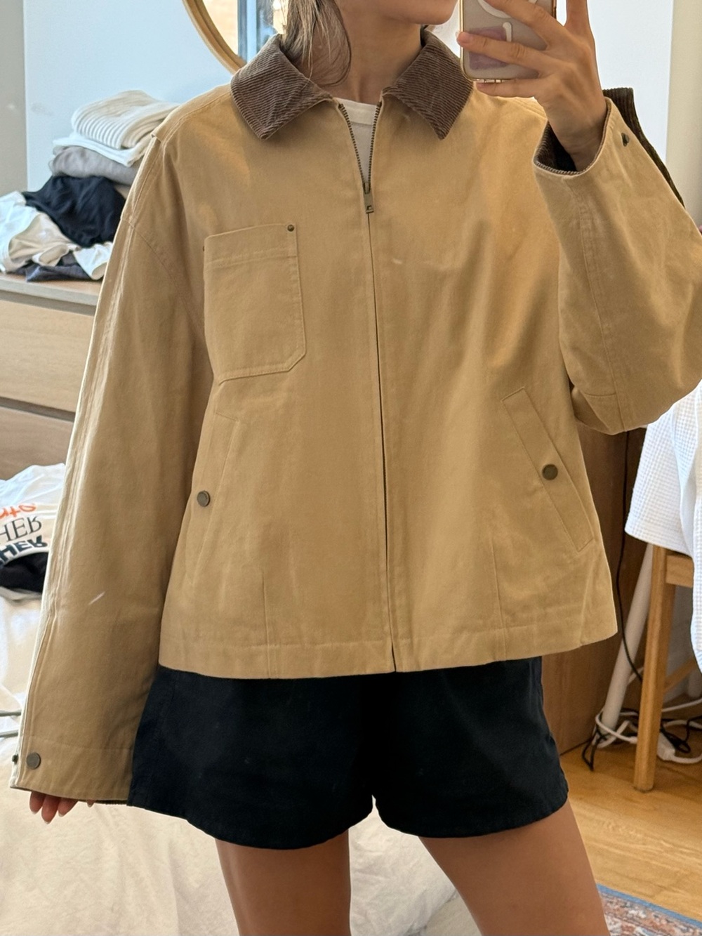 Women's Tan Utility Zip Jacket with Contrast Corduroy Collar